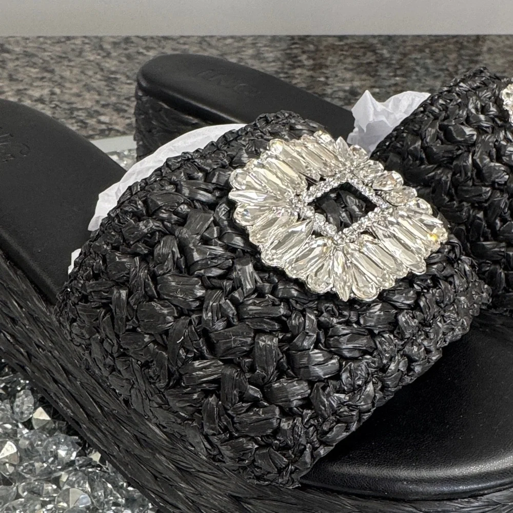 INC International Concepts Black Silver Raffia Woven Platform Sandals NEW 9.5